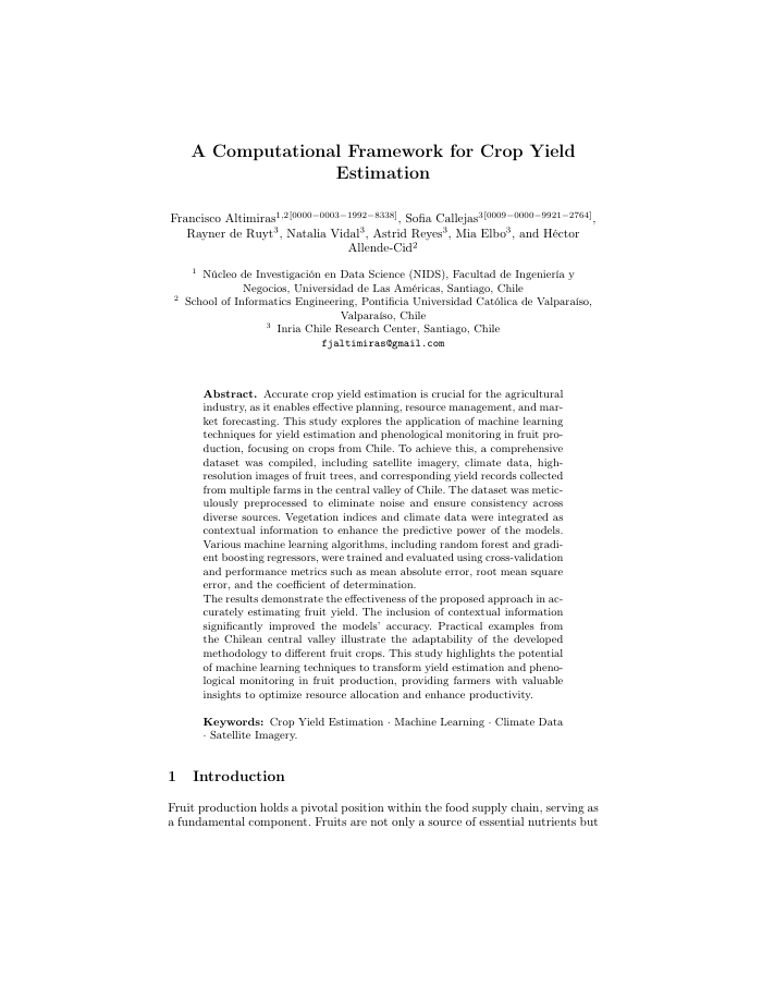 Cover of A Computational Framework for Crop Yield Estimation, EPIA 2024 / Springer LNCS